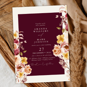 Romantische tiefe Burgunder-Blumen-Hochzeit Einladung