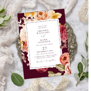 Romantische tiefe Burgunder-Blumen-Hochzeit Einladung