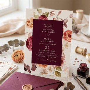 Romantische tiefe Burgunder-Blumen-Hochzeit elegan Einladung