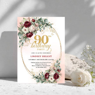 Romantische, tiefrote Blumen mit Goldene 90. Gebur Einladung