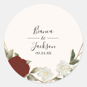 Romantische tiefrote Rosen-Blumen-Winterhochzeit Runder Aufkleber