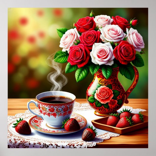 Romantische Tischgestaltung mit Rose, Kaffee Poster (Vorne)