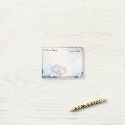 Romantische Trendy Blue & Red Hearts 4" x 3" Post-it Klebezettel (Auf Schreibtisch)