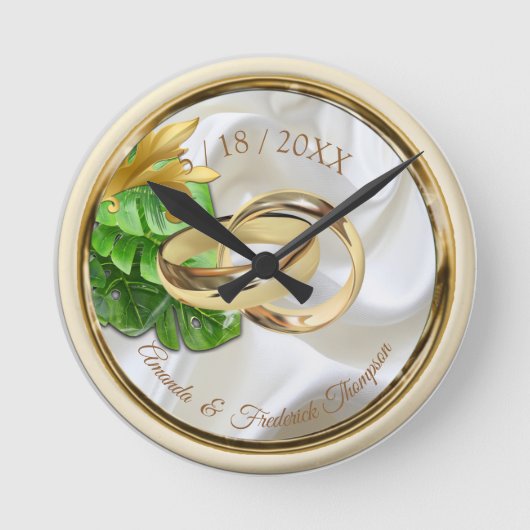 Romantische tropische Hochzeitstipendienzuhr Runde Wanduhr (Vorderseite)