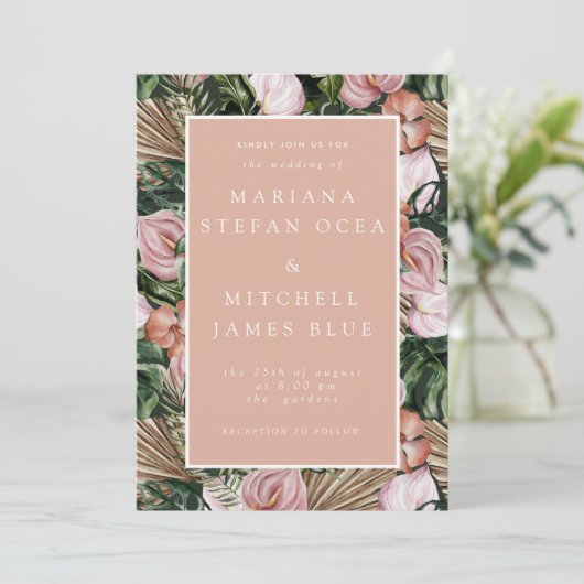 Romantische tropische, weiche, rosa grüne Pfirsich Einladung (Stehend Vorderseite)