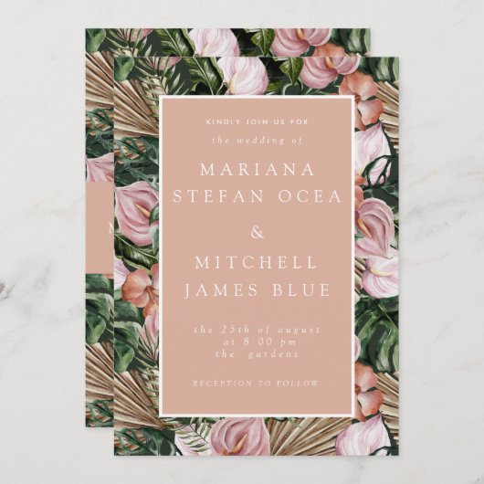 Romantische tropische, weiche, rosa grüne Pfirsich Einladung (Vorne/Hinten)