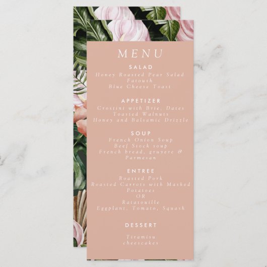 Romantische tropische, weiche, rosa grüne Pfirsich Menükarte (Vorne/Hinten)