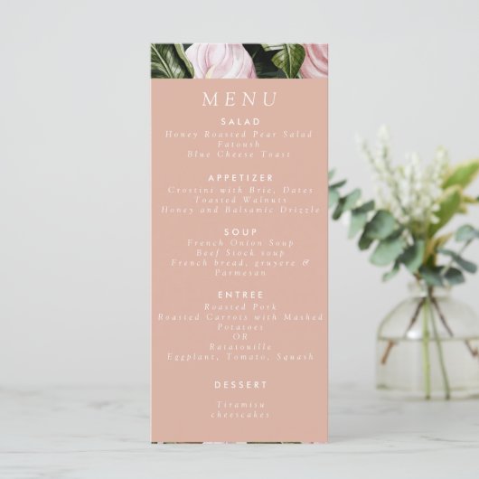 Romantische tropische, weiche, rosa grüne Pfirsich Menükarte (Stehend Vorderseite)