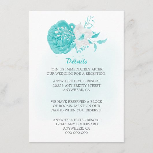 Romantische türkisblaue Blumendetails Hochzeit Begleitkarte (Vorderseite)