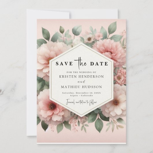 Romantische Typografie Rosa Blumenhochzeit Save The Date (Vorderseite)
