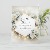 Romantische Typografie White Roses Wedding Save The Date (Stehend Vorderseite)