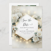 Romantische Typografie White Roses Wedding Save The Date (Vorne/Hinten)