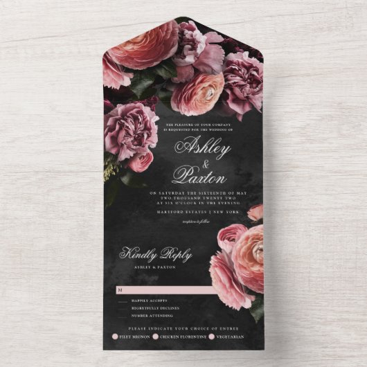 Romantische und moody-rosa Bouquet All In One Einladung (Innen Boden)