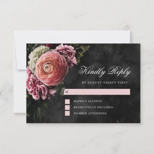 Romantische und moody-rosa Bouquet auf schwarz RSVP Karte (Vorderseite)