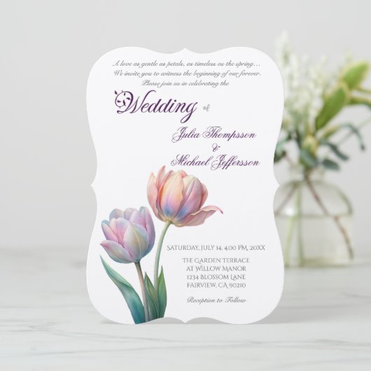 Romantische und poetische Pasta Tulips Wasserfarbe Einladung (Stehend Vorderseite)