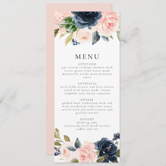 Romantische und süße Navy Blush Floral Dinner Einladung (Vorne/Hinten)