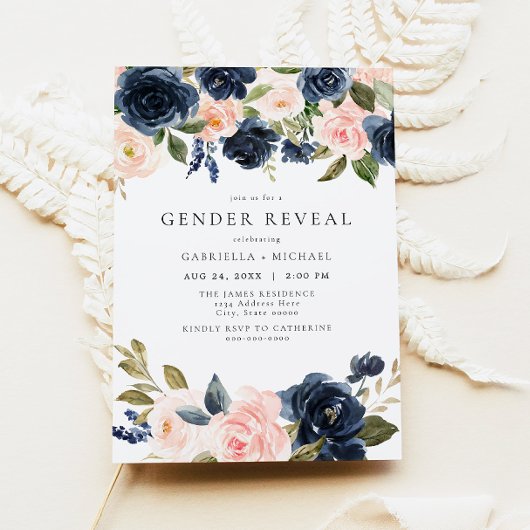 Romantische und süße Navy Blush Floral Gender Reve Einladung