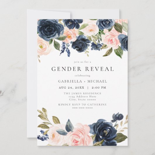 Romantische und süße Navy Blush Floral Gender Reve Einladung (Vorderseite)
