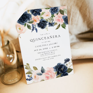Romantische und süße Navy Blush Floral Quinceañera Einladung