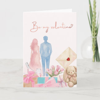 Romantische Valentinskarte mit Paar, Geschenken &  Karte