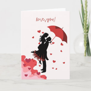 Romantische Valentinskarte mit Paar unter Regensch Karte