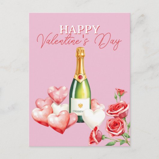 Romantische Valentinstag Champagner Rose & Herz Postkarte (Vorderseite)