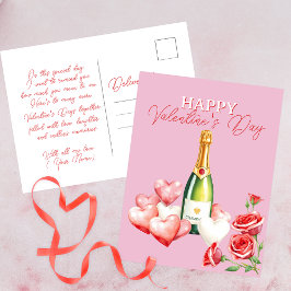 Romantische Valentinstag Champagner Rose & Herz Postkarte