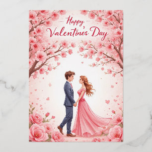 Romantische Valentinstagskarte mit Kirschblüten Folien Feiertagskarte