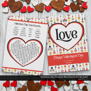 Romantische Valentintagsausdruckbare Wortsuche Feiertagskarte