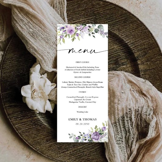 Romantische Veilchen-Blumen Hochzeitsmenü Menükarte