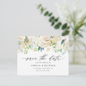 Romantische verarmte Elfenbein-Blume Hochzeit rett Ankündigungspostkarte (Stehend Vorderseite)