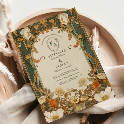 Romantische Verzierte Rahmengrün Hochzeit Einladung