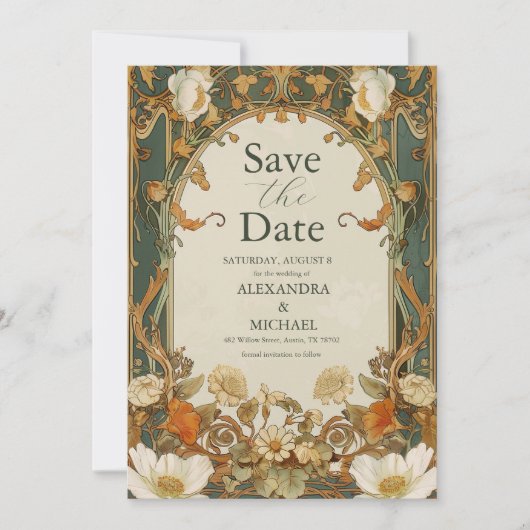 Romantische Verzierte Rahmengrün Hochzeit Save The Date (Vorderseite)