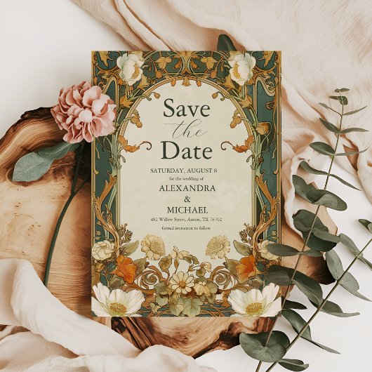 Romantische Verzierte Rahmengrün Hochzeit Save The Date