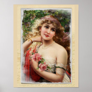 Romantische viktorianische Frau mit rosa Rosen Poster