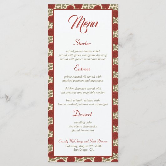 Romantische Viktorianische Rote Rose Hochzeitsmenü Menükarte (Vorderseite)