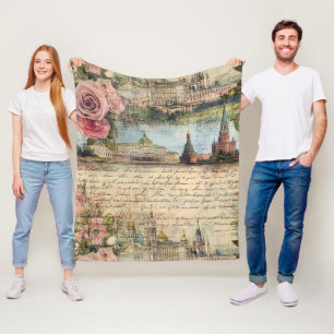 Romantische Vintage Architektur & Rose Kunstsammlu Fleecedecke