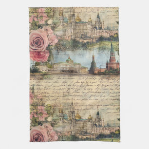 Romantische Vintage-Architektur & Rosen Collage-Ku Geschirrtuch