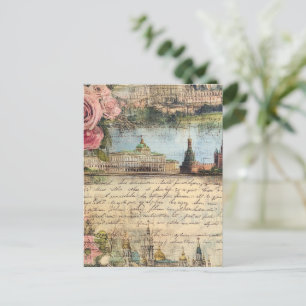 Romantische Vintage-Architektur & Rosen Collage-Ku Postkarte