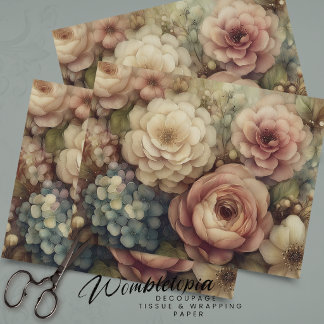 Romantische Vintage Blumen in rosa-blauer Decoupag Seidenpapier
