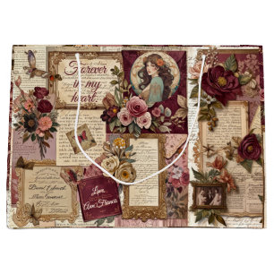 Romantische Vintage-Collage - Burgunderrote rustik Große Geschenktüte