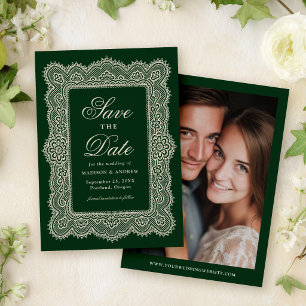 Romantische Vintage-Grüner-Spitze-Hochzeit Save The Date