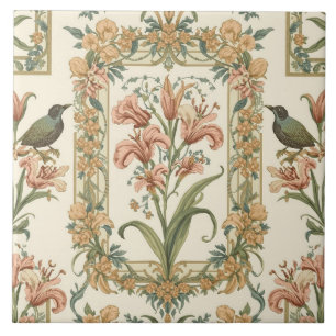 Romantische Vintage-Lilie-Vogel-Kunst im Jugendsti Fliese