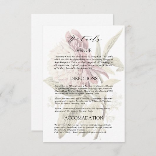 Romantische Vintage Peony Wedding Details Begleitkarte (Vorne/Hinten)