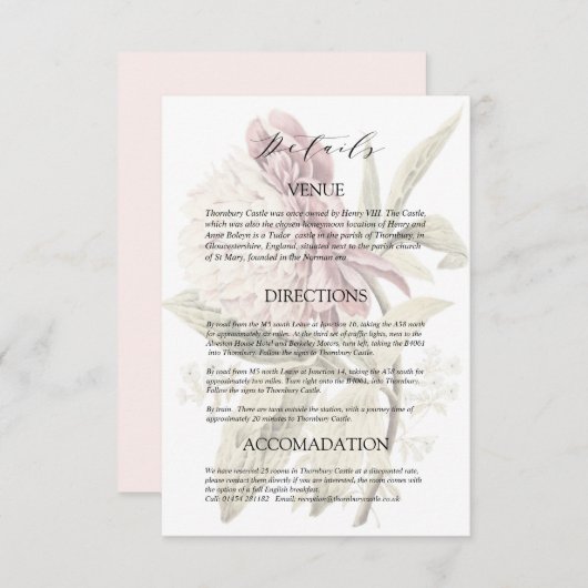 Romantische Vintage Peony Wedding Details Begleitkarte (Vorne/Hinten)