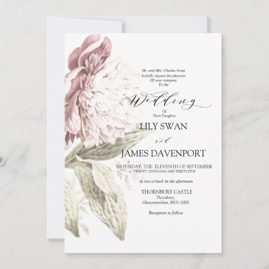Romantische Vintage Peony Wedding Einladung (Vorderseite)
