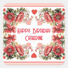 Romantische Vintage Poppies und Herz zum Geburtsta Quadratischer Aufkleber