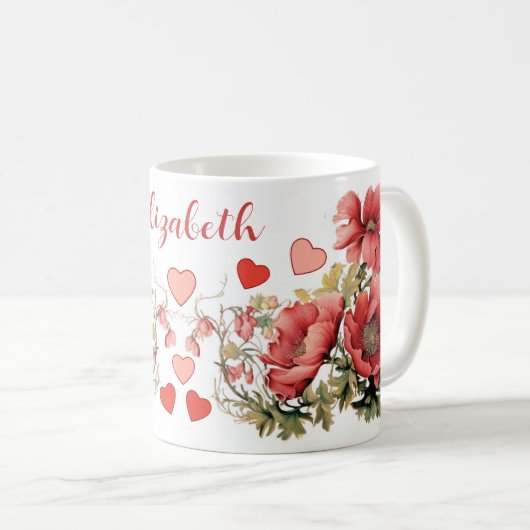 Romantische Vintage Poppies und Herzen Kaffeetasse (VorderseiteRechts)