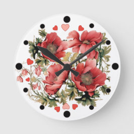 Romantische Vintage Poppies und Herzen Runde Wanduhr