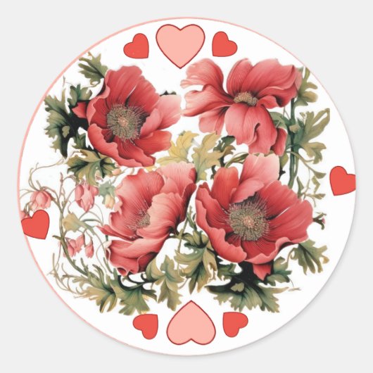 Romantische Vintage Poppies und Herzen Runder Aufkleber (Vorderseite)